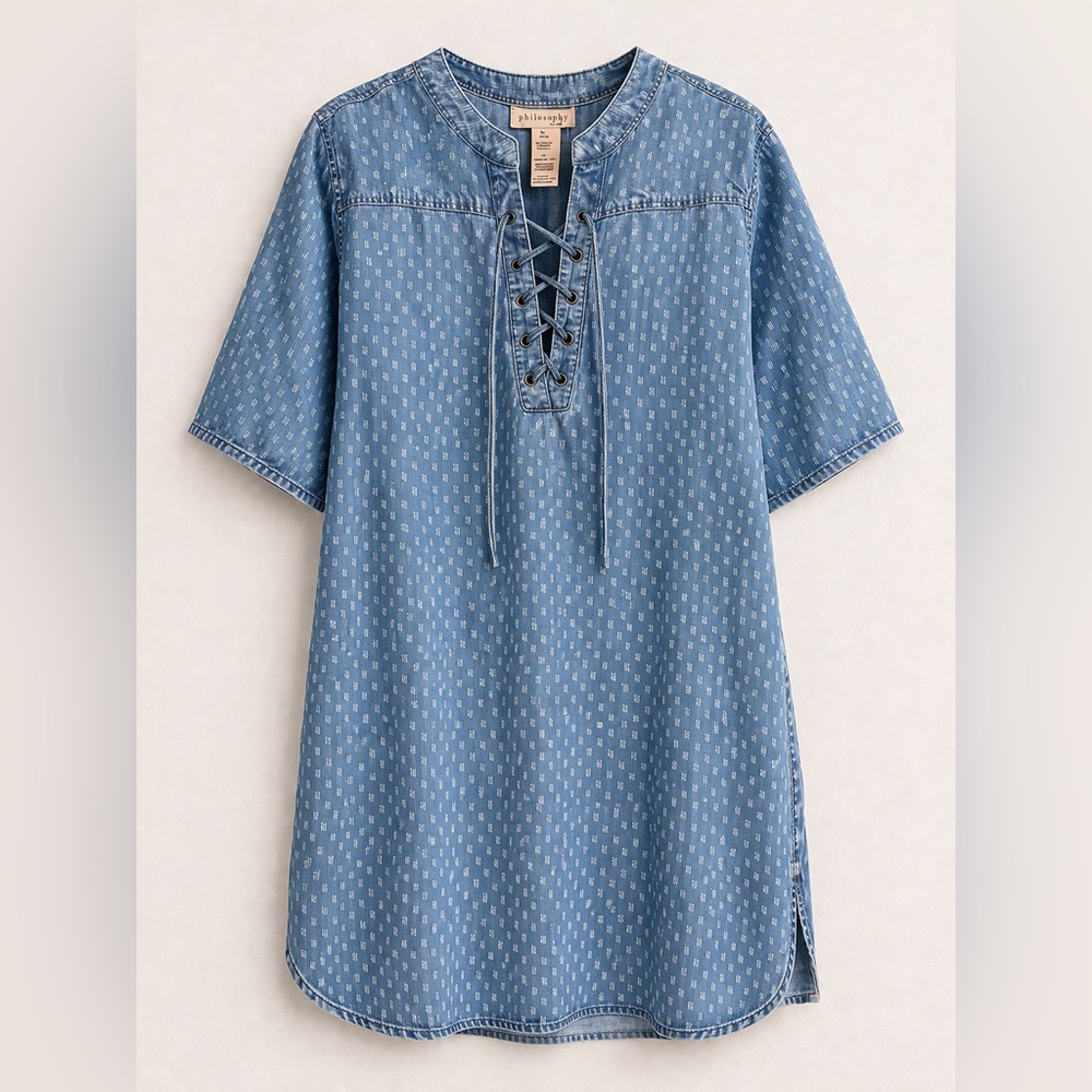 Philosophie Light Blue Patterned Denim Lace-Up Tunic-Anthropologie